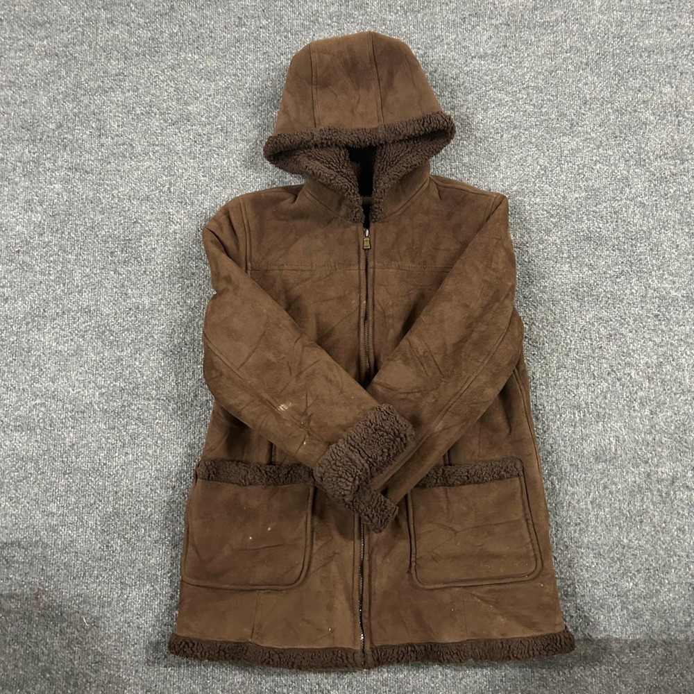 Izzi Outerwear Jacket Womens Size M Brown Faux Suede Sherpa Lined Hooded Parka